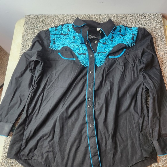 Western Express Black Blue Pearl Snap Show Shirt 2xl Embroidered Smile Pocket - Picture 5 of 16